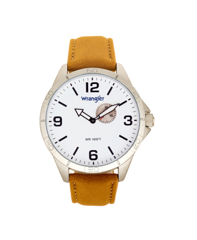 Shop Wrangler Men's Watch, 48mm Ip Silver Case With White Dial, Second Hand Sub Dial, Tan Strap In Tan/beige