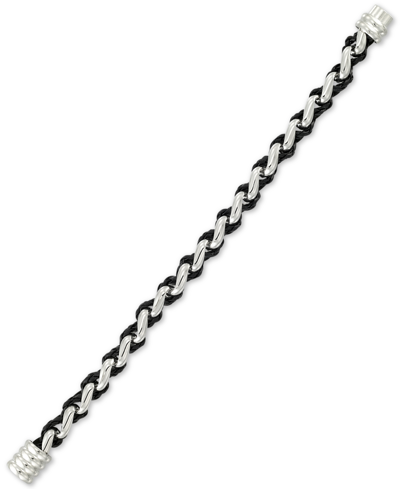 Shop Legacy For Men By Simone I. Smith Black Leather Braided Bracelet In Stainless Steel In White