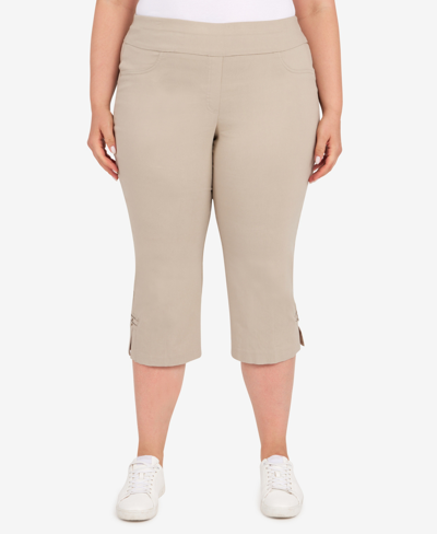 Shop Hearts Of Palm Plus Size Essentials Solid Pull-on Capri Pants With Detailed Split Hem In Tan/beige