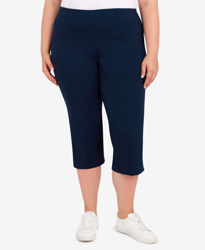 Shop Hearts Of Palm Plus Size Essentials Solid Pull-on Capri Pants With Detailed Split Hem In Blue