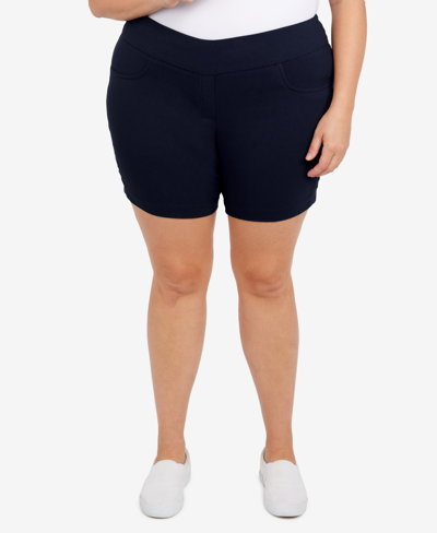 Shop Hearts Of Palm Plus Size Essentials Solid Color Tech Stretch Shorts With Elastic Waistband In Blue