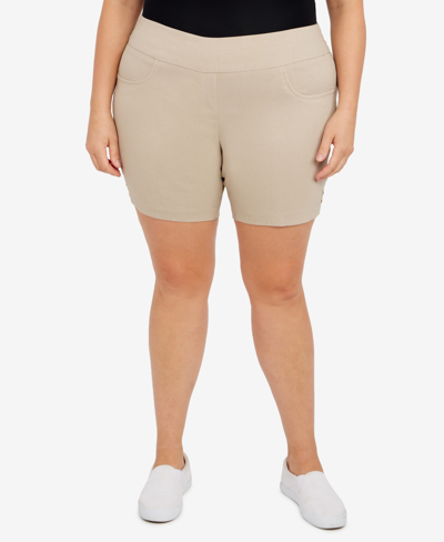 Shop Hearts Of Palm Plus Size Essentials Solid Color Tech Stretch Shorts With Elastic Waistband In Tan/beige