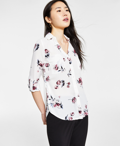 Shop Bcx Juniors' Floral-print Collared Shirt In White