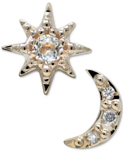 Shop Anzie White Topaz Accent Star & Moon Mismatch Stud Earrings In 14k Gold In Multi