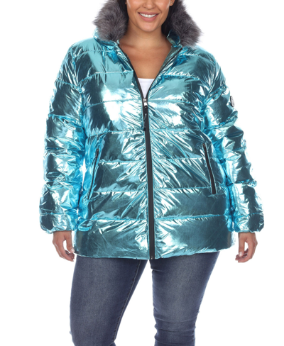 Shop White Mark Plus Size Metallic Puffer Coat With Hoodie In Blue