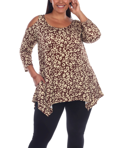 Shop White Mark Plus Size Leopard Cold Shoulder Tunic Top In Brown