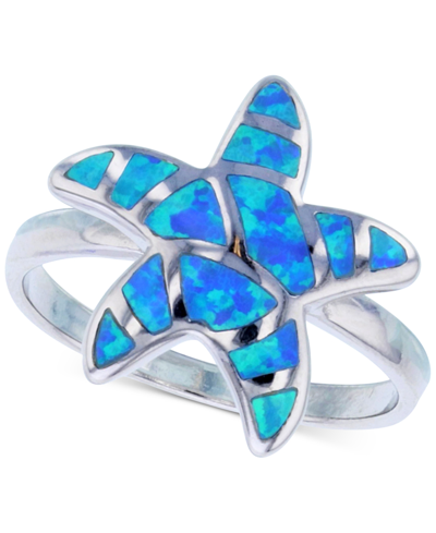 Shop Macy's Lab-created Blue Opal Starfish Ring In Sterling Silver In White