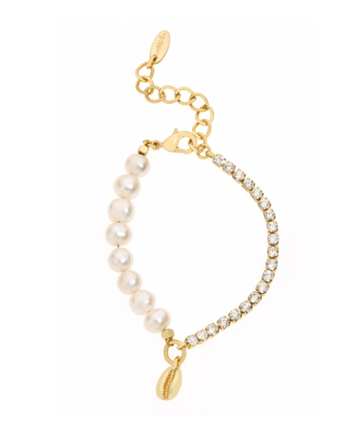 Shop Ettika Cowrie Shell, Cultivated Freshwater Pearl Glass Bracelet In Gold