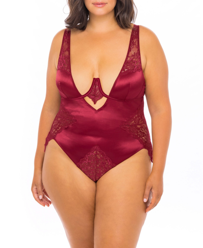 Shop Oh La La Cheri Plus Size High Apex Lingerie Teddy With Deep Plunging Neckline And Lace Inserts In Red