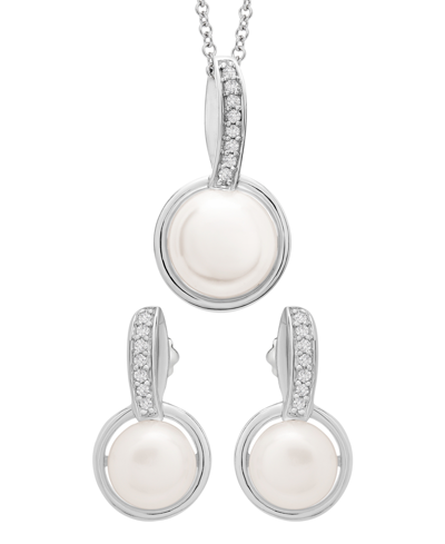 Shop Macy's Cultured Freshwater Pearl (7-8mm) And Diamond (1/10 Ct. T.w.) Box Set (pendant & Earrings) In Sterli In Silver