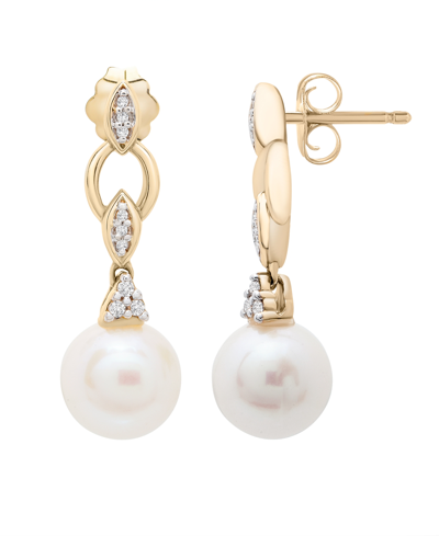 Shop Macy's Cultured Freshwater Pearl (7mm) And Diamond Accent Earrings In 14k Yellow Gold
