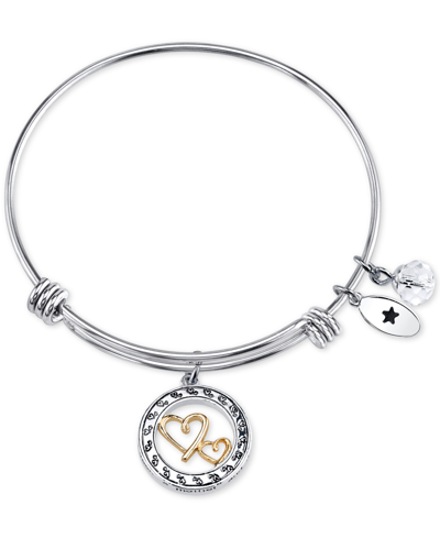 Shop Unwritten Two-tone Double Heart Mother Daughter Charm Bangle Bracelet In Stainless Steel With Silver Plated Ch