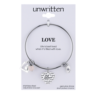 Shop Unwritten Love Charm And Rose Quartz (8mm) Bangle Bracelet In Stainless Steel With Silver Plated Charms