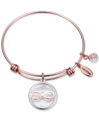 Shop Unwritten Infinity Glass Shaker Charm Adjustable Bangle Bracelet In Rose Gold-tone Stainless Steel With Silver