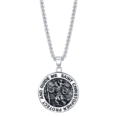 Shop He Rocks "saint Christopher" Coin Pendant Necklace In Stainless Steel, 24" Chain In Silver