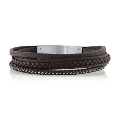 Shop He Rocks Brown Leather And Stainless Steel Triple Wrap Bracelet, 8.5" In Silver