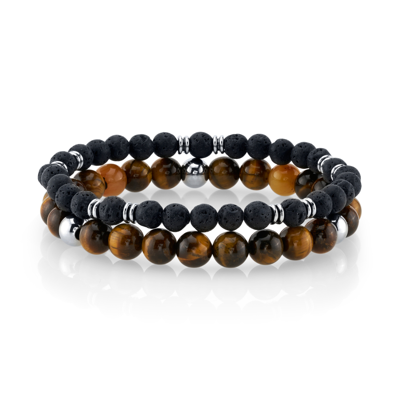 Shop He Rocks Tiger Eye Stone And Black Lava Bead Double Bracelet With Stainless Steel Beads, 8.5" In Silver