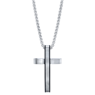 Shop He Rocks Modern Cross 24" Pendant Necklace In Stainless Steel In Silver