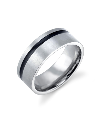 Shop He Rocks Stainless Steel Ring Featuring Black Line Design In Silver