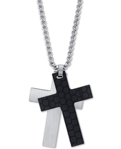 Shop He Rocks Silver And Black Double Cross Pendant Necklace In Stainless Steel, 24" Chain