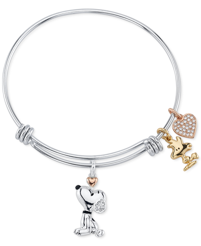 Shop Peanuts Unwritten Snoopy & Woodstock Bangle Bracelet In Stainless Steel With Silver Plated Charms