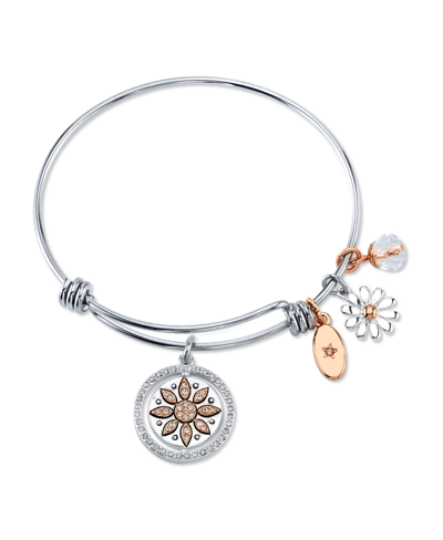 Shop Unwritten "live Laugh Love" Flower Bangle Bracelet In Stainless Steel & Rose Gold-tone With Silver Plated Char