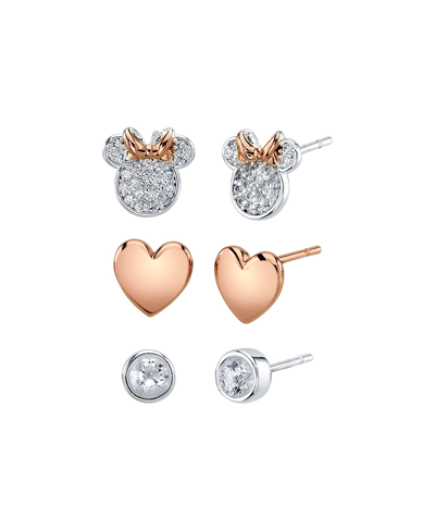 Shop Disney Three Pair Silver Plated Two Tone Rose Gold Minnie Mouse Earring Set With Rose Gold Heart And Bezel  In Pink