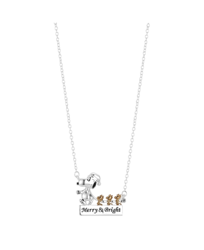 Shop Peanuts Two-tone Flash Plated "merry Bright" Snoopy Woodstock Bar Pendant Necklace In Yellow