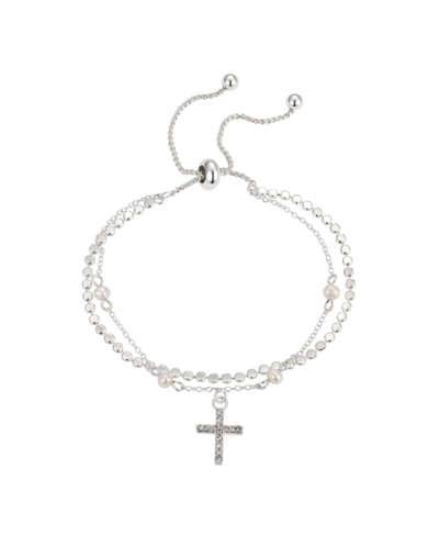 Shop Unwritten Fine Silver Plated Crystal Cross And Genuine Pearl Double Strand Bolo Bracelet