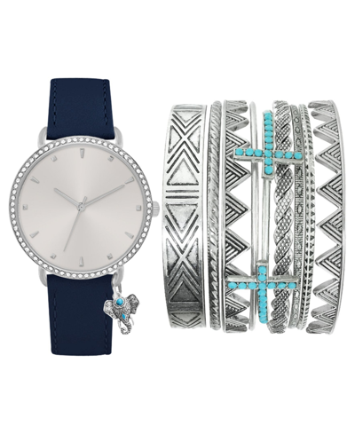 Shop Jessica Carlyle Women's Analog Navy Elephant Charm Strap Watch 36mm With Silver-tone Bracelets Set In Blue