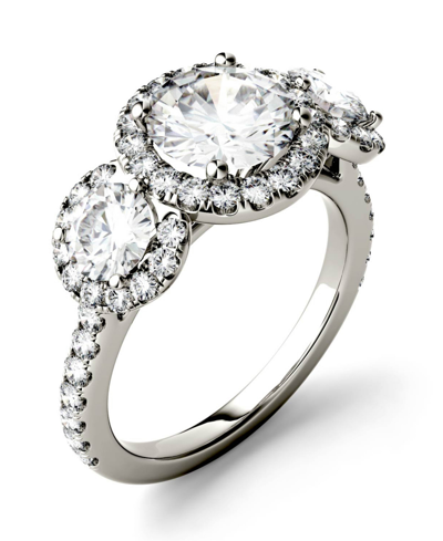 Shop Charles & Colvard Moissanite Three Stone Halo Ring (3 Ct. T.w. Diamond Equivalent) In 14k White Gold