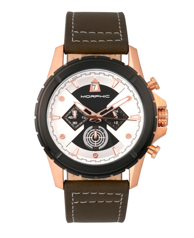 Shop Morphic M57 Series, Rose Gold Case, Olive Chronograph Leather Band Watch, 43mm In Green
