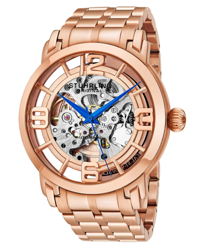 Shop Stuhrling Stainless Steel Rose Tone Case On Stainless Steel Link Bracelet, Rose Tone Dial, With Blue Accents In Pink