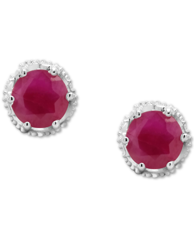 Shop Macy's Sapphire Beaded Frame Stud Earrings (1-1/5 Ct. T.w.) In Sterling Silver (also In Emerald & Ruby) In Red
