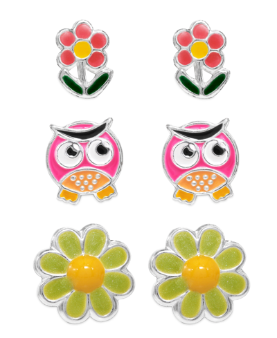 Shop Rhona Sutton 4 Kids Children's Owl, Blossom, Flower Stud Earrings - Set Of 3 In Sterling Silver In Multi