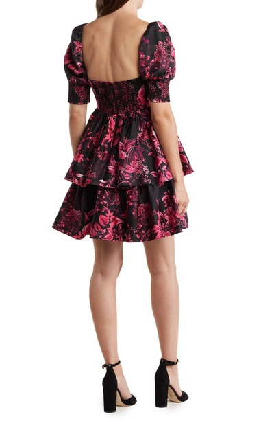 Shop Alice And Olivia Emmalou Floral Tiered Stretch Cotton Dress In Edens Garden Wild Pink