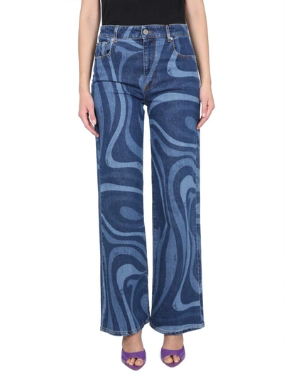 Pucci Modern Flared Denim Jeans With Swirling Pattern In Blue