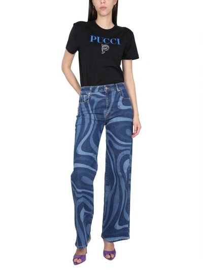 Pucci Modern Flared Denim Jeans With Swirling Pattern In Blue