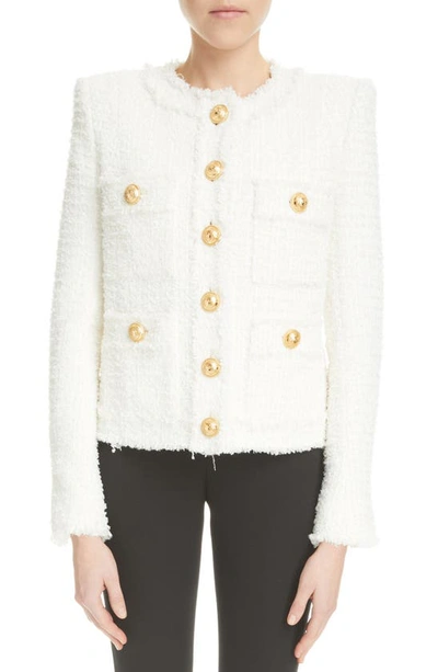Shop Balmain Collarless Raw Edge Tweed Jacket In 0fa White