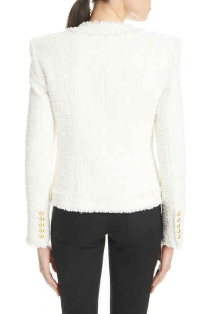 Shop Balmain Collarless Raw Edge Tweed Jacket In 0fa White