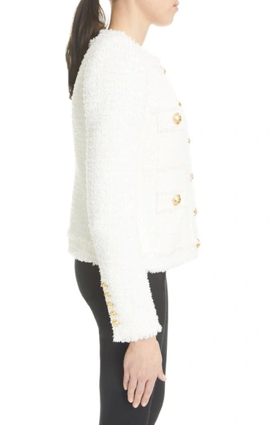 Shop Balmain Collarless Raw Edge Tweed Jacket In 0fa White