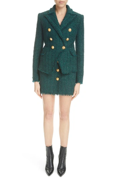 Shop Balmain V-neck Sleeveless Tweed Dress In 7cx Dk Green