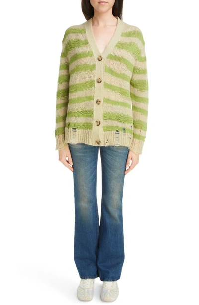 Shop Acne Studios Koliva Distressed Stripe Cotton & Mohair Blend Cardigan In Sage Green/ Apple Green