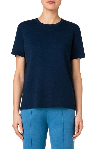 Shop Akris Reversible Short Sleeve Wool & Silk Double Knit Sweater In 977-navy/ Light Denim