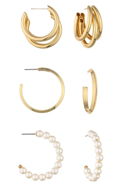 Shop Ettika Set Of 3 Imitation Pearl Hoop Earrings In Gold