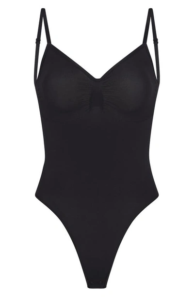 Skims Seamless Sculpt Scoop Neck Thong Bodysuit Bodysuit In Onyx In Onyx