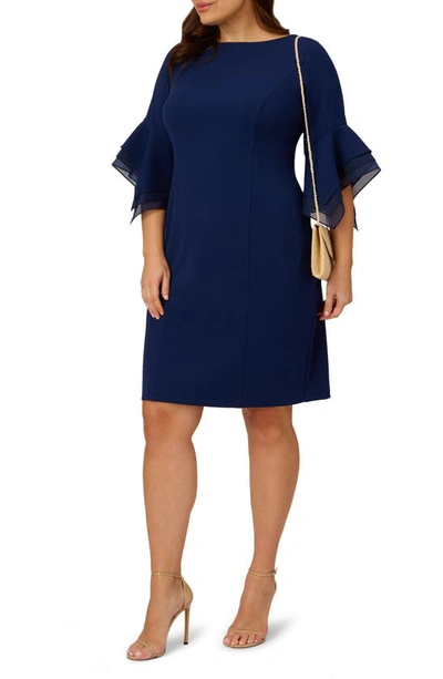 Adrianna Papell Tiered Sleeve Crepe Dress In Navy Sateen