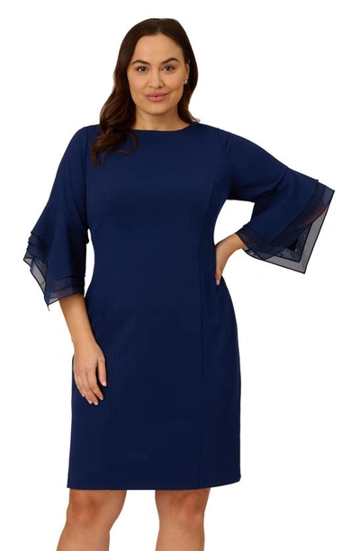 Adrianna Papell Tiered Sleeve Crepe Dress In Navy Sateen