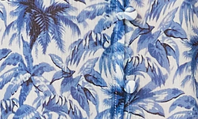 Shop Paige Myla Leaf Print Ruffle Neck Silk Blouse In White/ Ultramarine