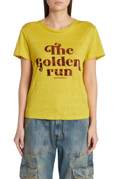 Shop Golden Goose The Golden Run Linen T-shirt In Maize/ Windsor Wine